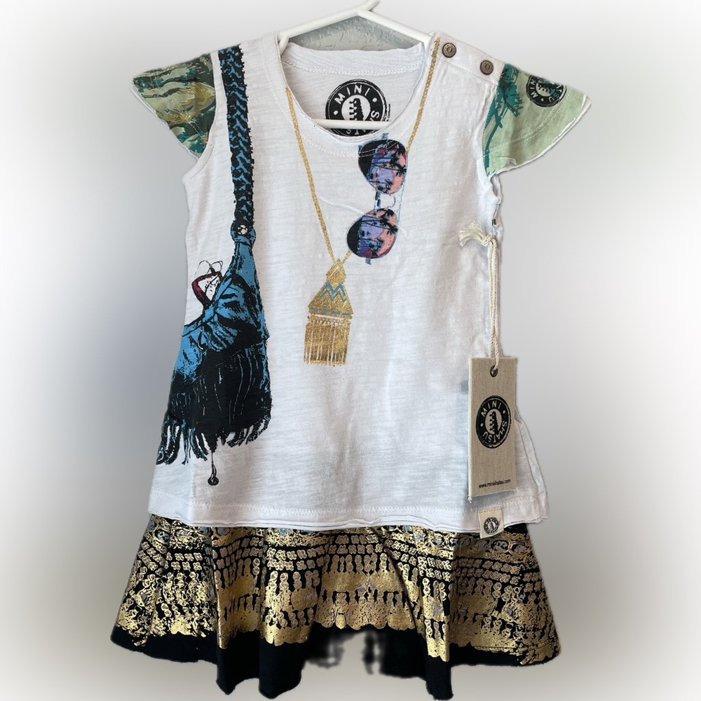 NWT Summer Fashionista Dress, Mini Shatsu, Size 12M/1Y, white and gold